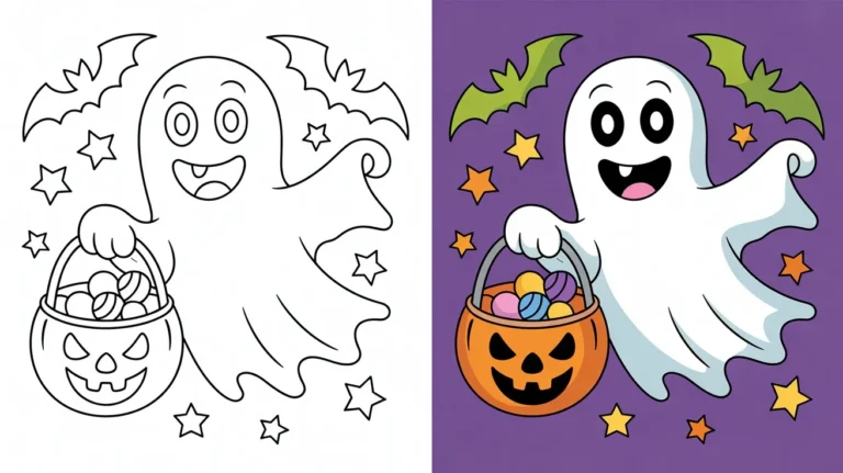 20 free printable Halloween coloring pages featuring spooky ghosts, witches, and jack-o'-lanterns.
